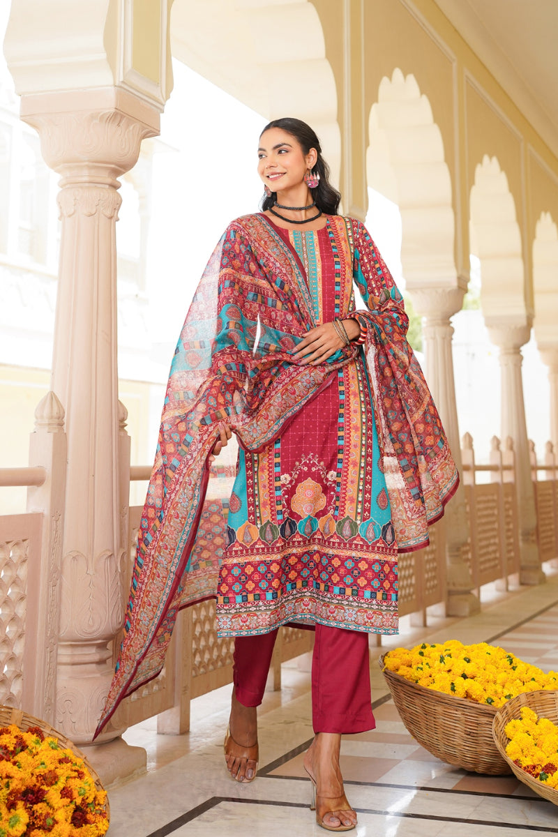 maroon rayon blend ethnic motifs printed straight kurta trouser with dupatta
