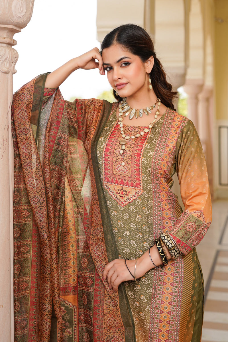 olive rayon blend ethnic motifs printed straight kurta trouser with dupatta 