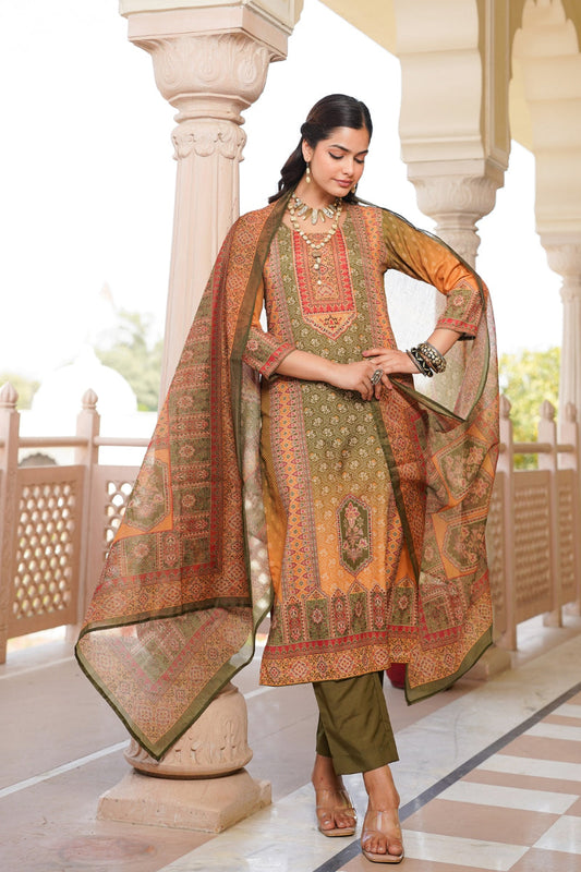 olive rayon blend ethnic motifs printed straight kurta trouser with dupatta 