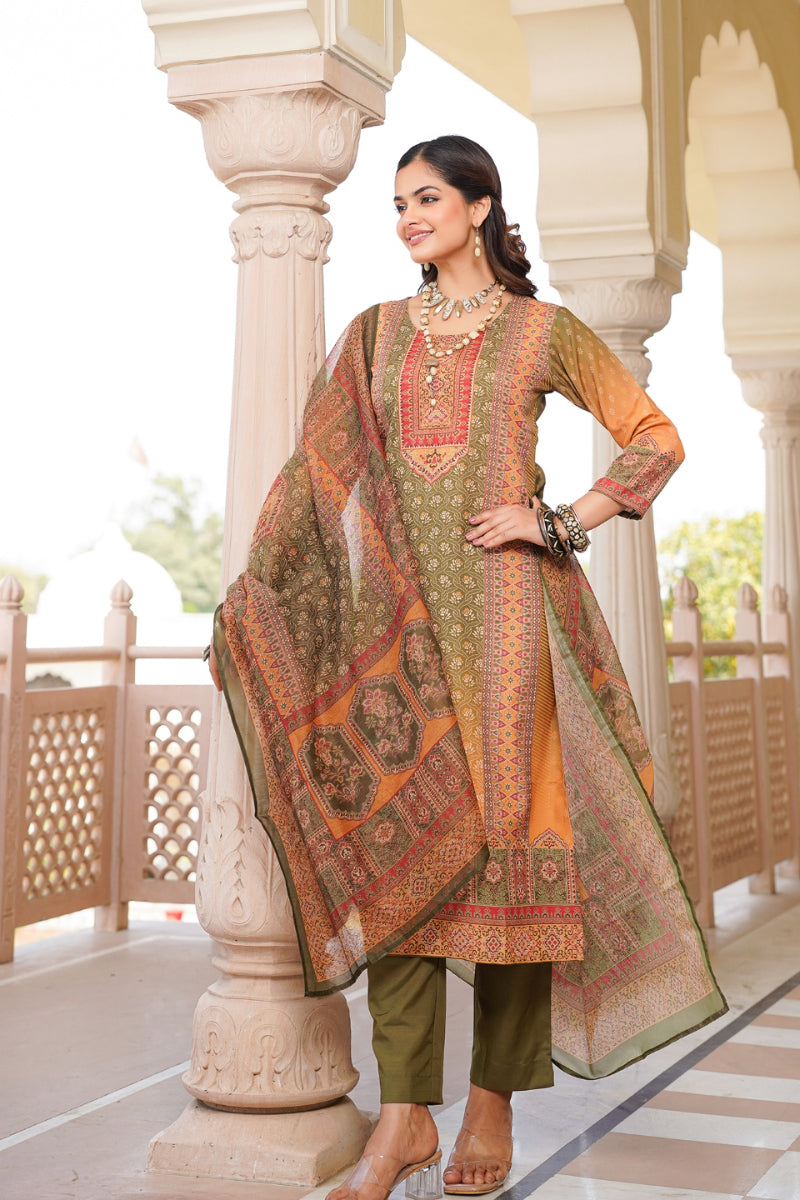 olive rayon blend ethnic motifs printed straight kurta trouser with dupatta 