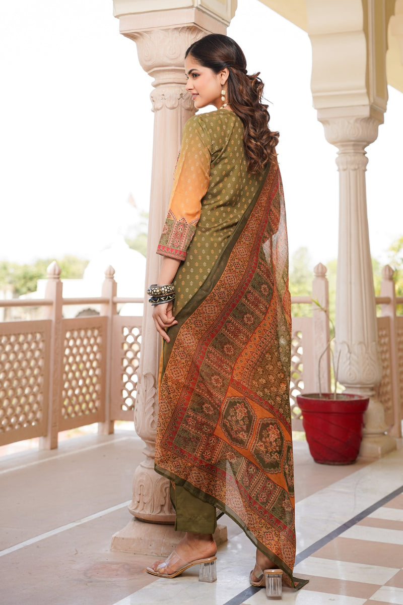 olive rayon blend ethnic motifs printed straight kurta trouser with dupatta 