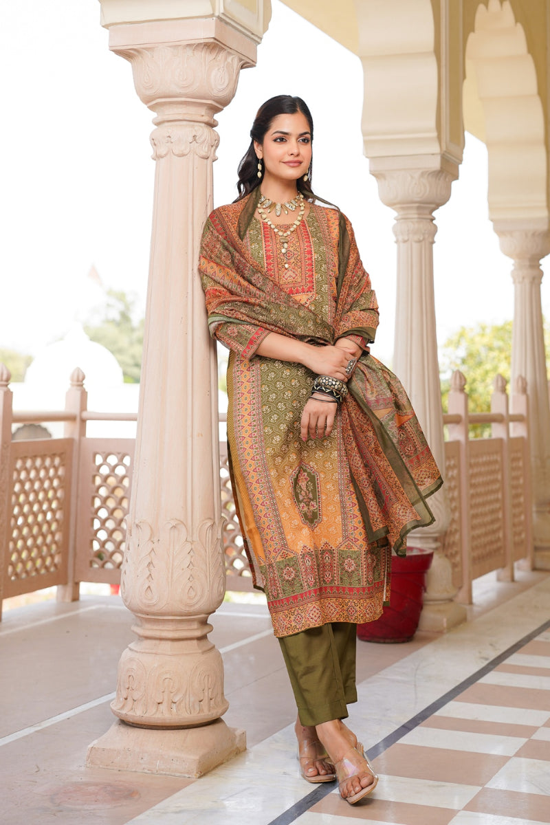 olive rayon blend ethnic motifs printed straight kurta trouser with dupatta 
