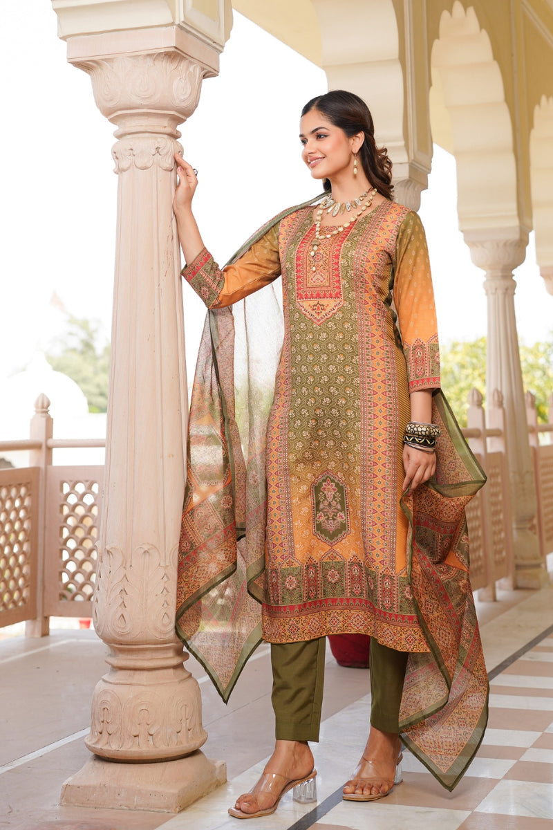 olive rayon blend ethnic motifs printed straight kurta trouser with dupatta 
