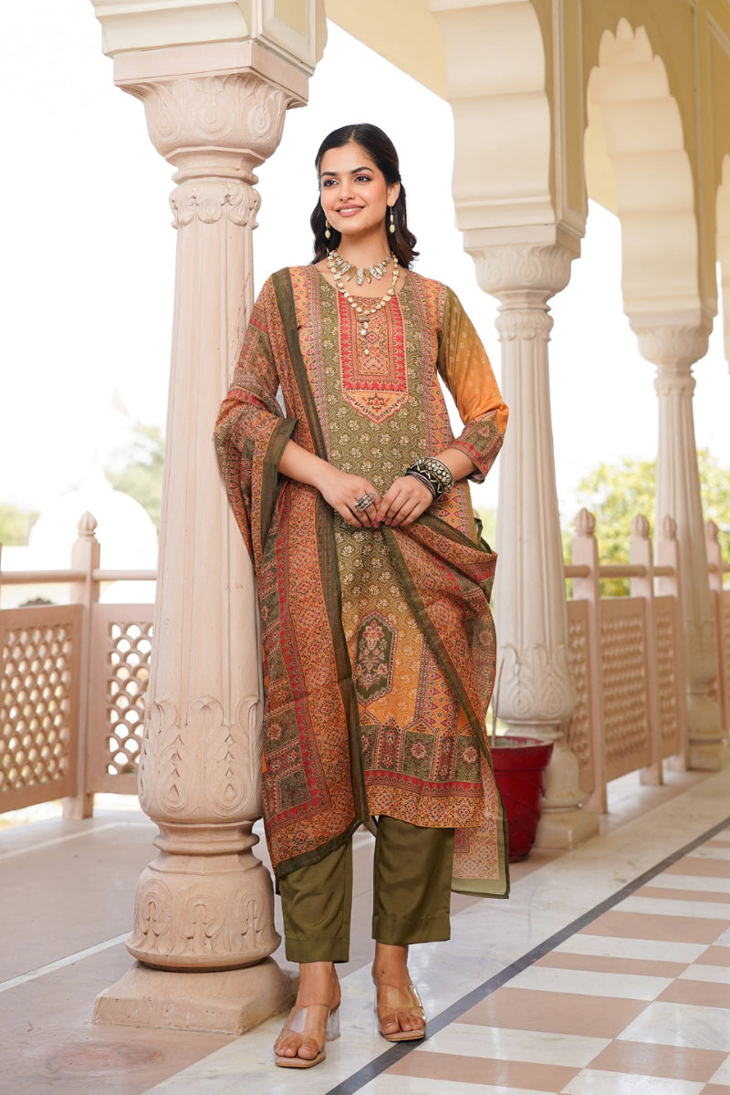 olive rayon blend ethnic motifs printed straight kurta trouser with dupatta 