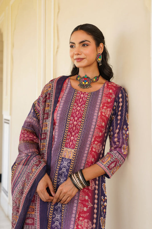 purple rayon blend ethnic motifs printed straight kurta trouser with dupatta 