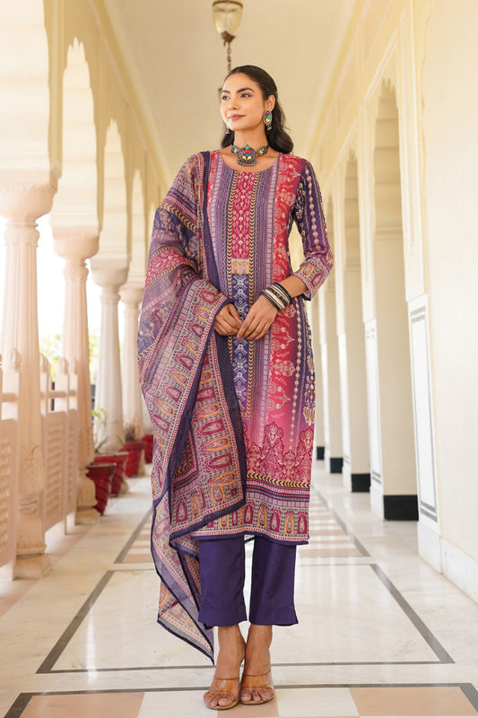 purple rayon blend ethnic motifs printed straight kurta trouser with dupatta 