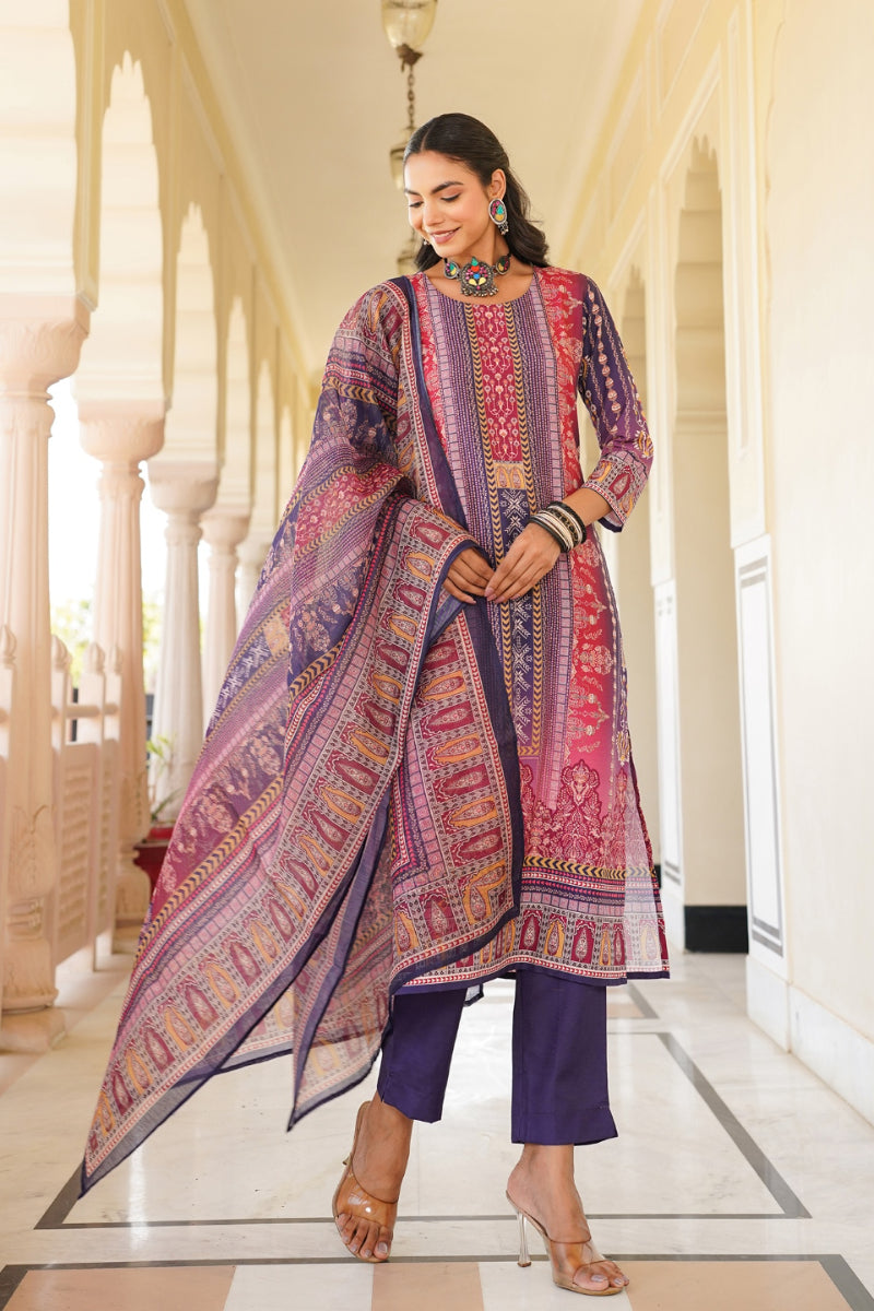purple rayon blend ethnic motifs printed straight kurta trouser with dupatta 