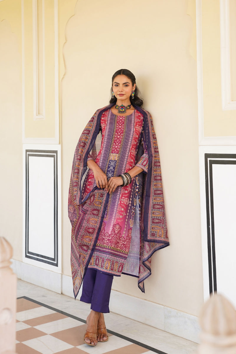 purple rayon blend ethnic motifs printed straight kurta trouser with dupatta 