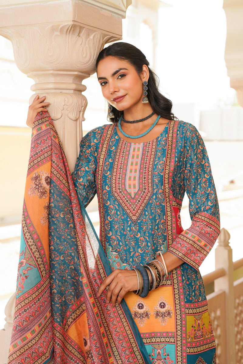 blue rayon blend ethnic motifs printed straight kurta trouser with dupatta