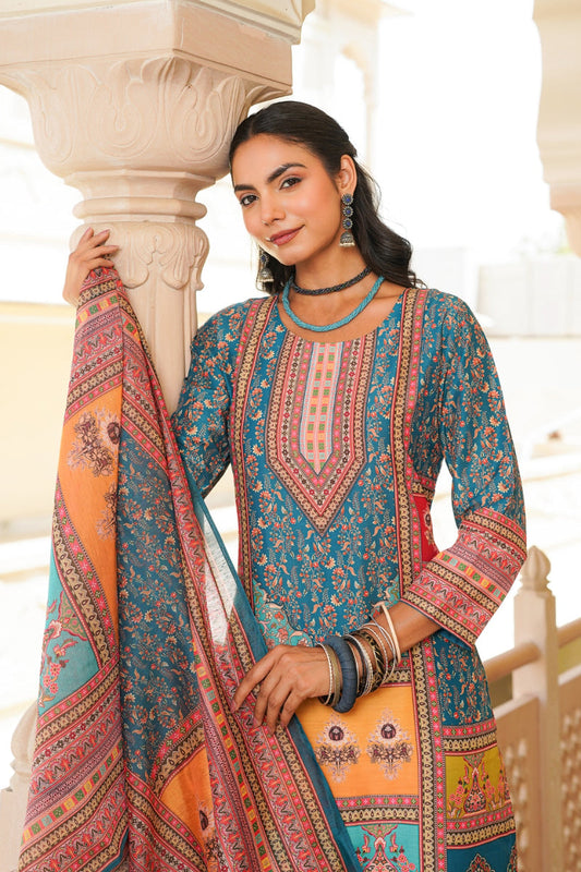 blue rayon blend ethnic motifs printed straight kurta trouser with dupatta