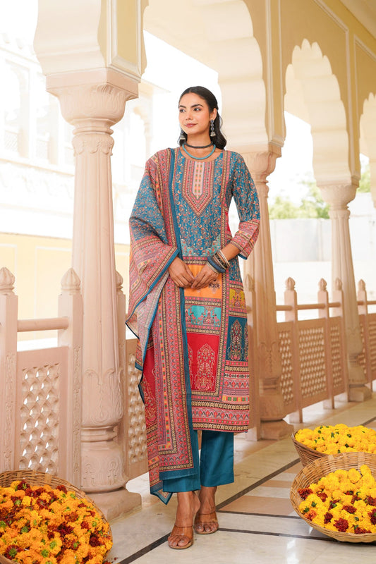 blue rayon blend ethnic motifs printed straight kurta trouser with dupatta