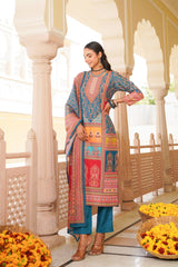 blue rayon blend ethnic motifs printed straight kurta trouser with dupatta