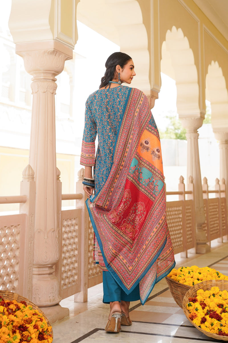 blue rayon blend ethnic motifs printed straight kurta trouser with dupatta