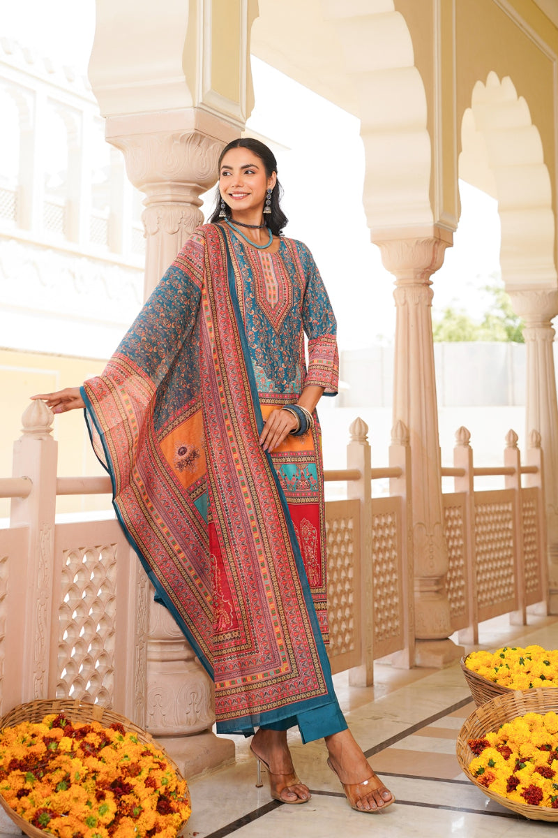 blue rayon blend ethnic motifs printed straight kurta trouser with dupatta