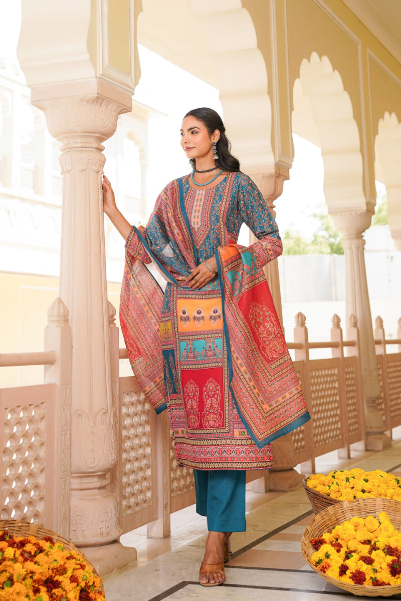 blue rayon blend ethnic motifs printed straight kurta trouser with dupatta