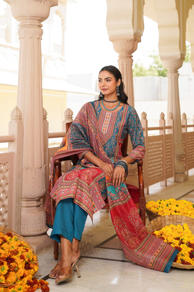 blue rayon blend ethnic motifs printed straight kurta trouser with dupatta
