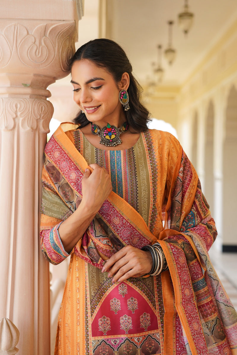 yellow rayon blend ethnic motifs printed straight kurta trouser with dupatta 