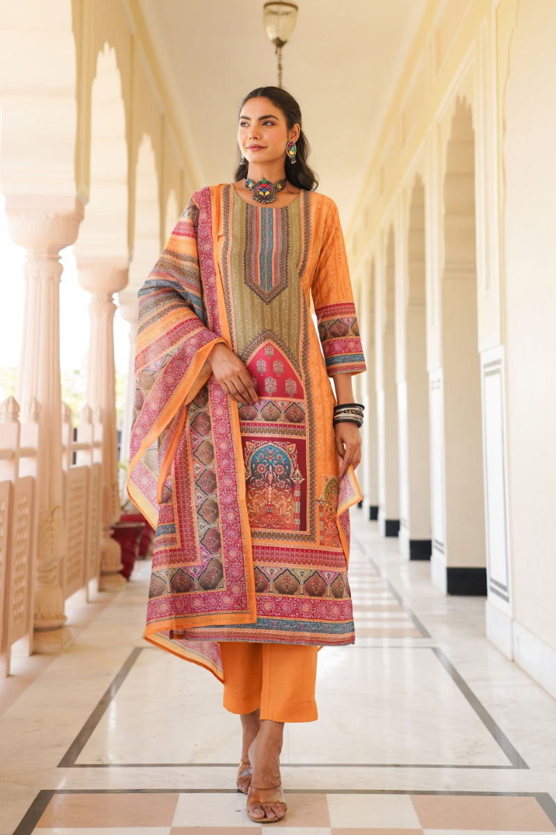 yellow rayon blend ethnic motifs printed straight kurta trouser with dupatta 