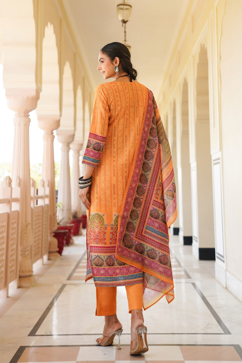 yellow rayon blend ethnic motifs printed straight kurta trouser with dupatta 