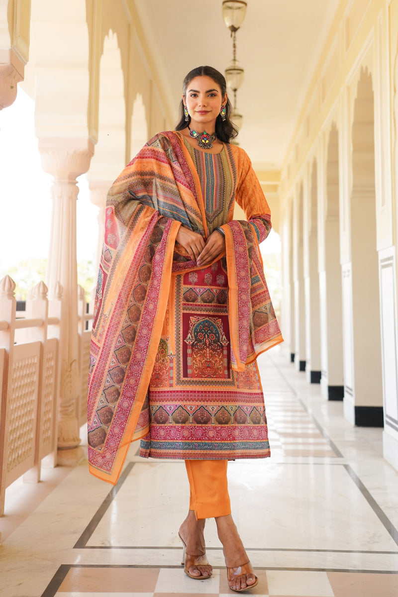 yellow rayon blend ethnic motifs printed straight kurta trouser with dupatta 