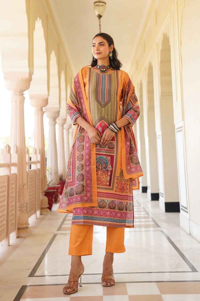 yellow rayon blend ethnic motifs printed straight kurta trouser with dupatta 