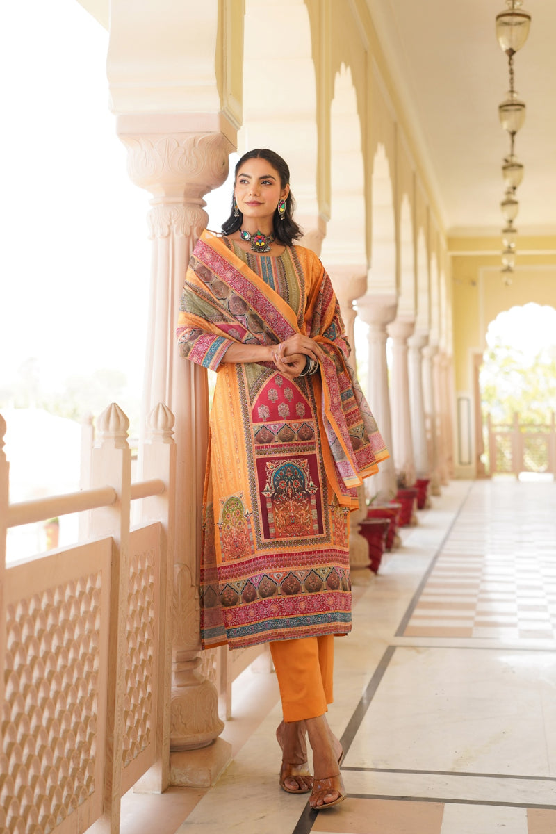 yellow rayon blend ethnic motifs printed straight kurta trouser with dupatta 