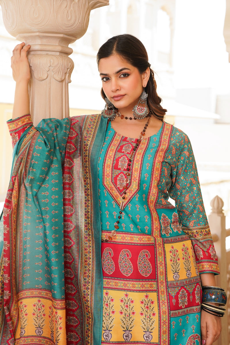 blue rayon blend ethnic motifs printed straight kurta trouser with dupatta 