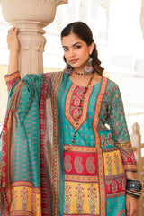 blue rayon blend ethnic motifs printed straight kurta trouser with dupatta 