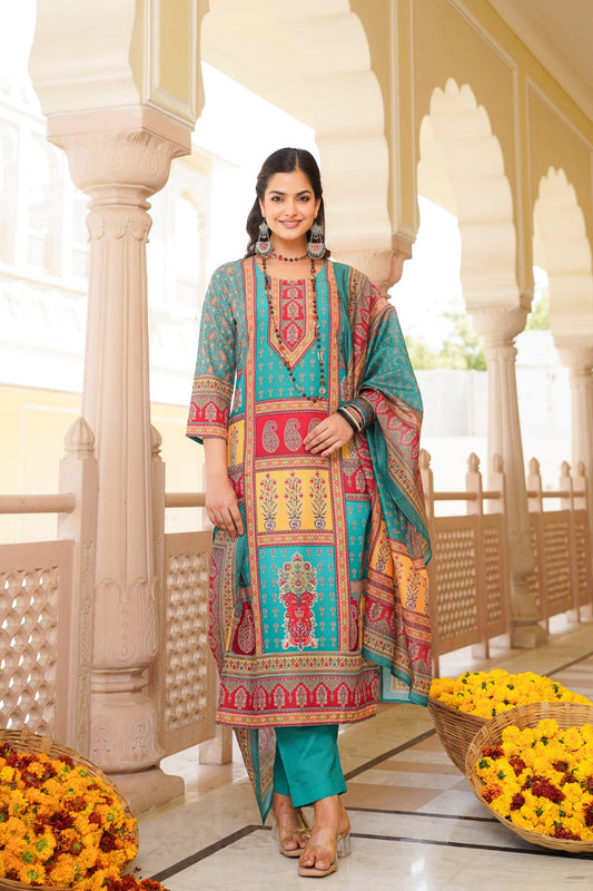 blue rayon blend ethnic motifs printed straight kurta trouser with dupatta 