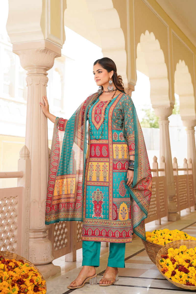 blue rayon blend ethnic motifs printed straight kurta trouser with dupatta 
