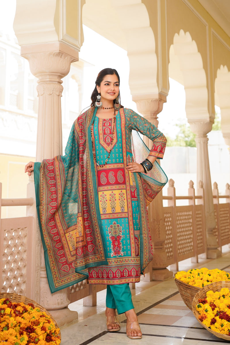 blue rayon blend ethnic motifs printed straight kurta trouser with dupatta 