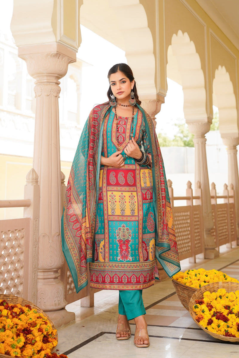 blue rayon blend ethnic motifs printed straight kurta trouser with dupatta 