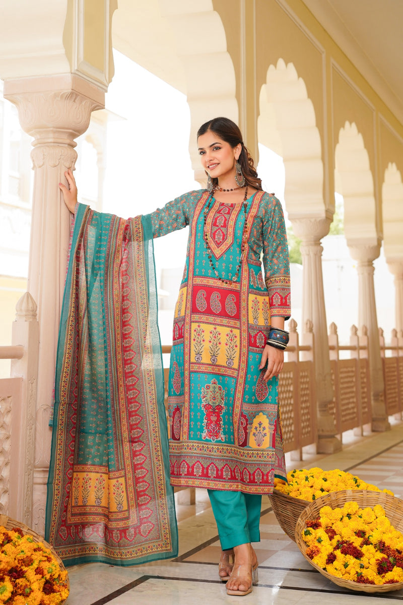 blue rayon blend ethnic motifs printed straight kurta trouser with dupatta 