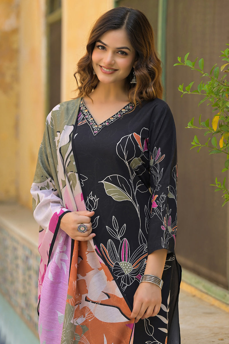 black rayon blend floral printed straight kurta trouser with dupatta skskd3081