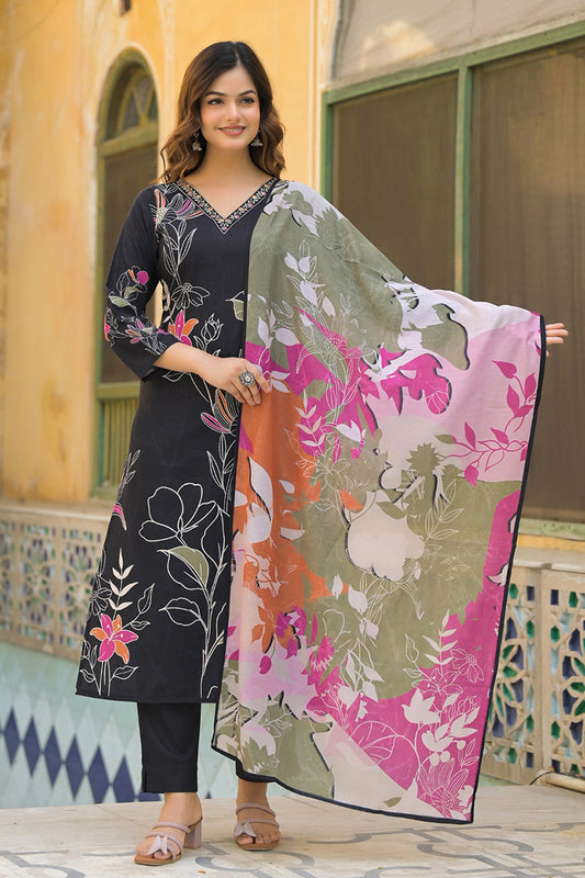 black rayon blend floral printed straight kurta trouser with dupatta skskd3081