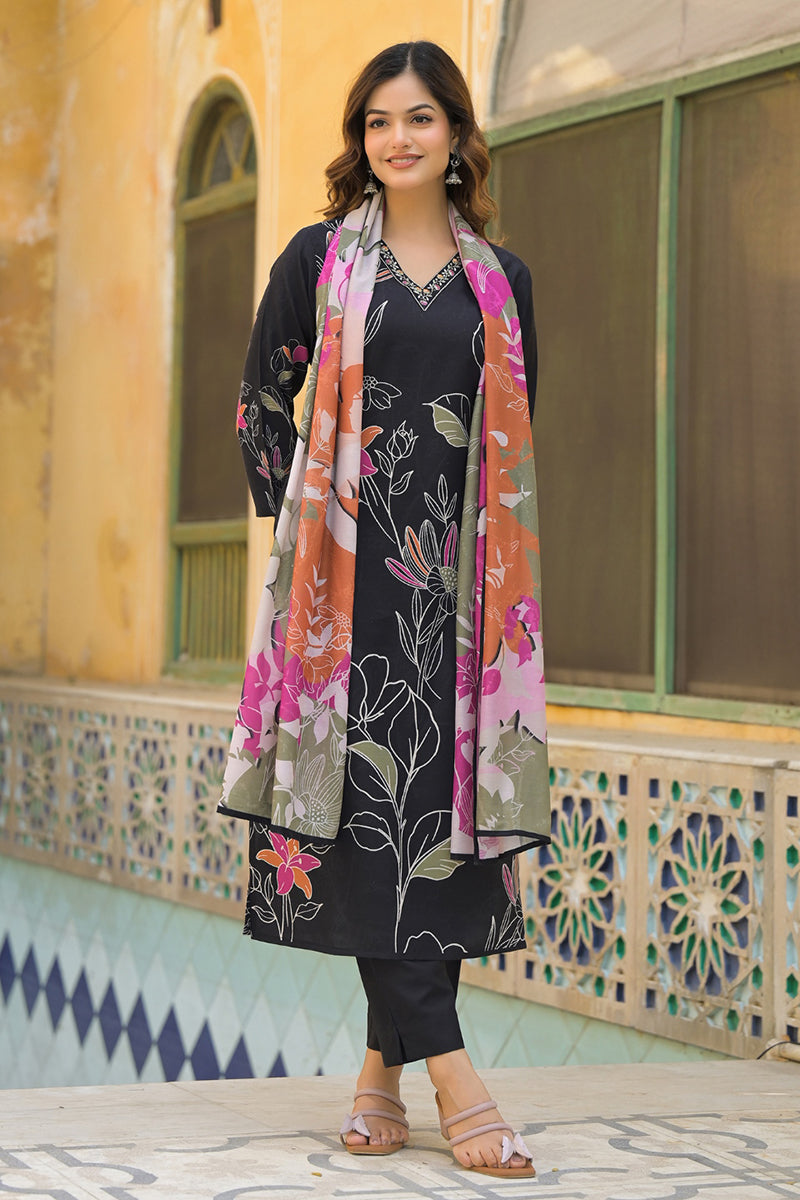 black rayon blend floral printed straight kurta trouser with dupatta skskd3081