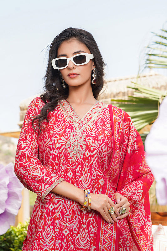 Red Silk Blend Ikat Printed Straight Kurta Trousers With Dupatta