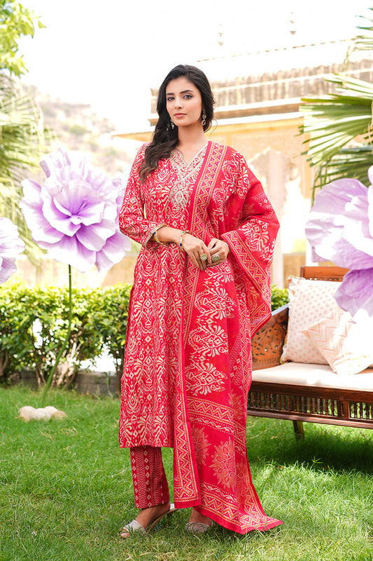 red silk blend ikat printed straight kurta trousers with dupatta skskd3104