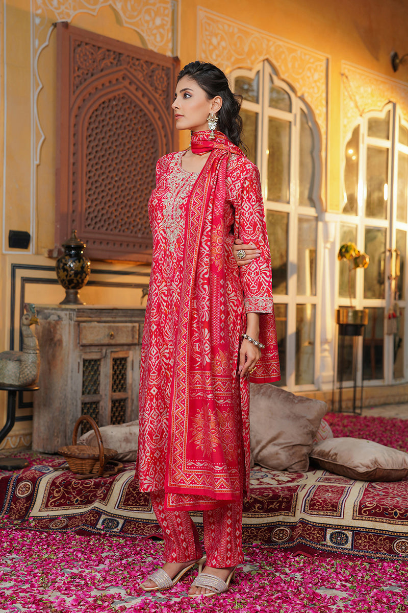 red silk blend ikat embroidered straight kurta trousers with dupatta