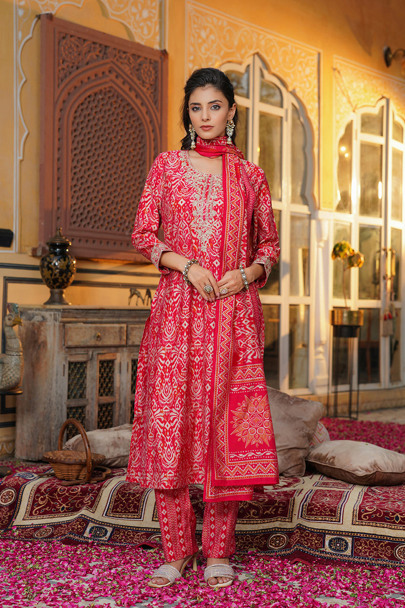red silk blend ikat embroidered straight kurta trousers with dupatta