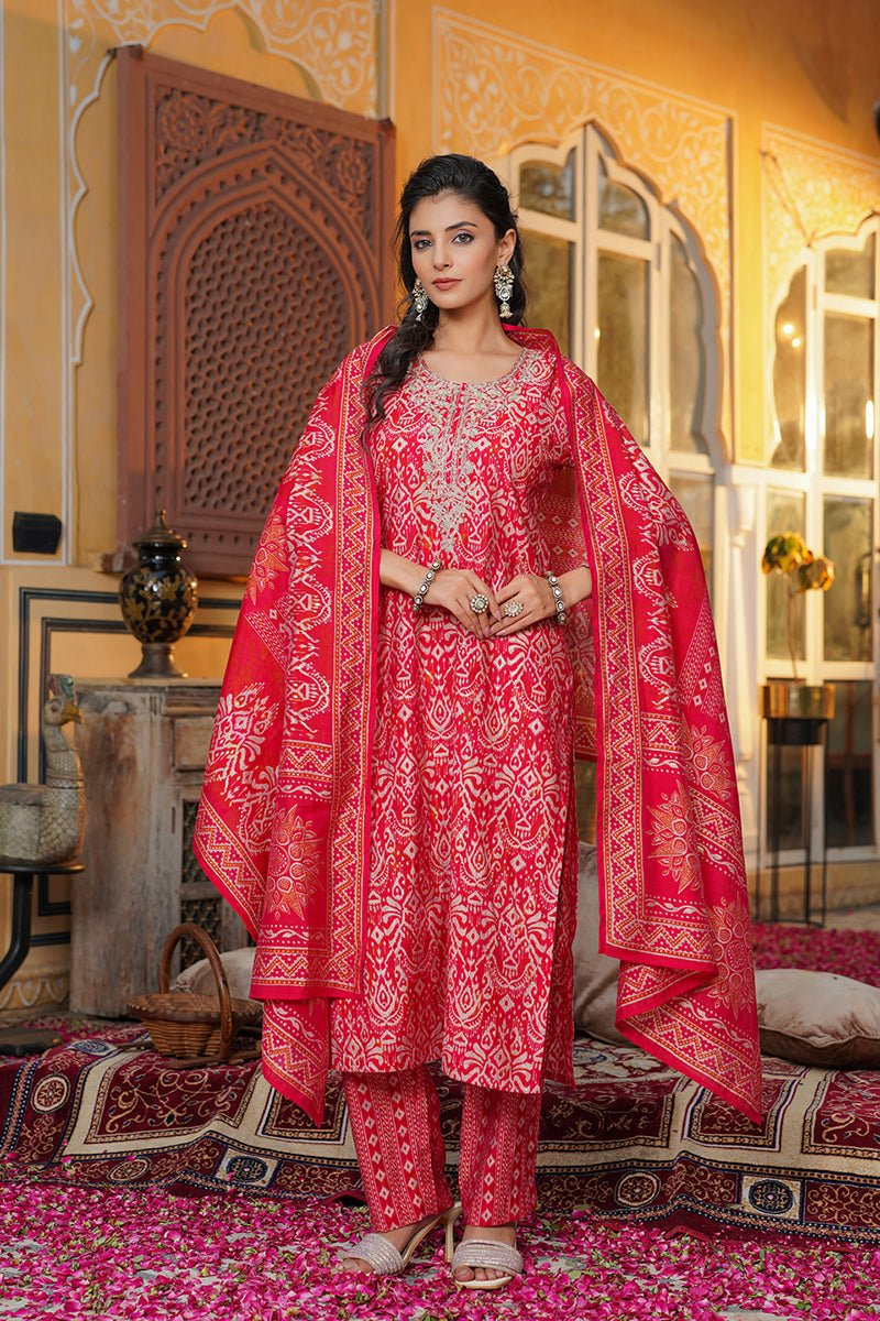 red silk blend ikat embroidered straight kurta trousers with dupatta