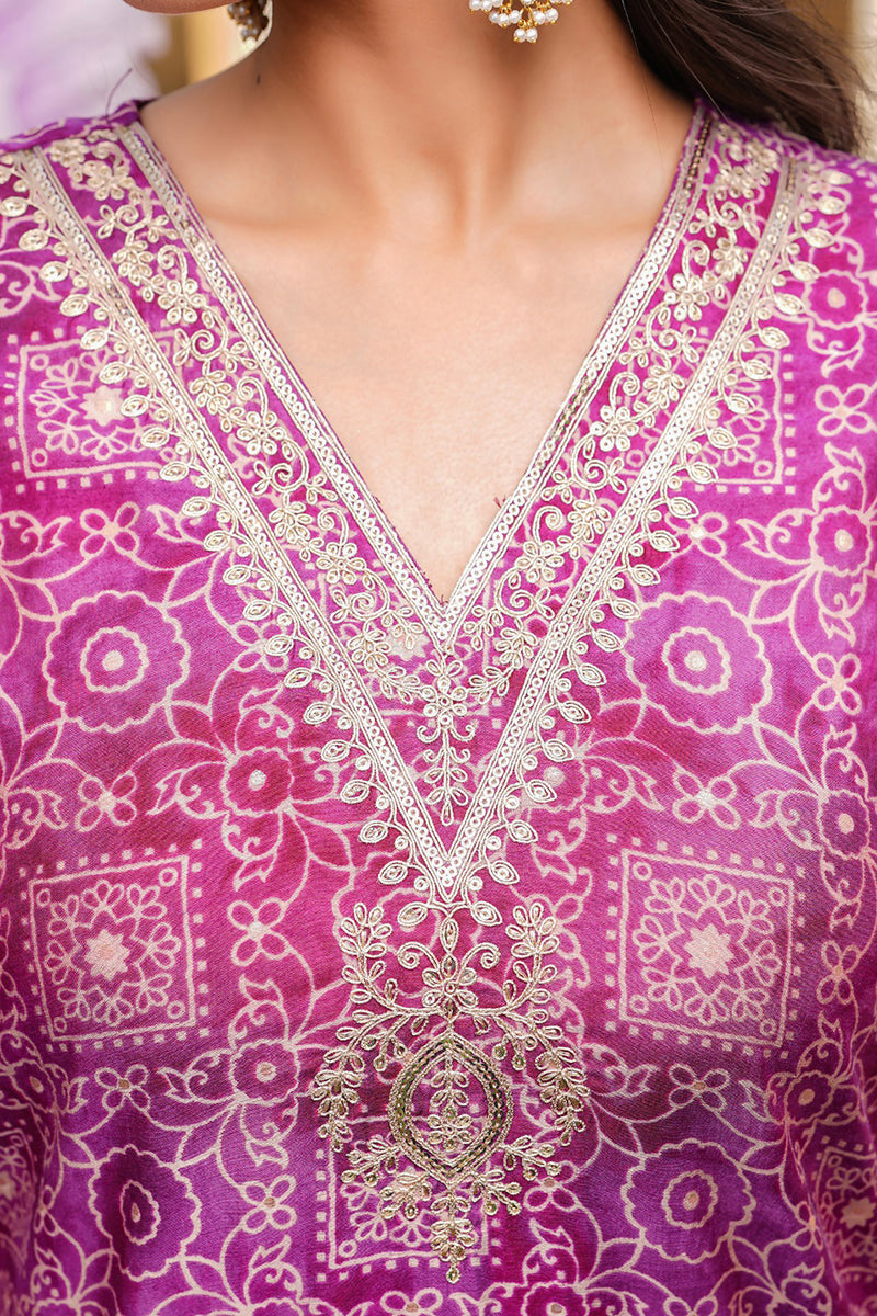purple silk blend floral embroidered straight kurta trousers with dupatta skskd3121