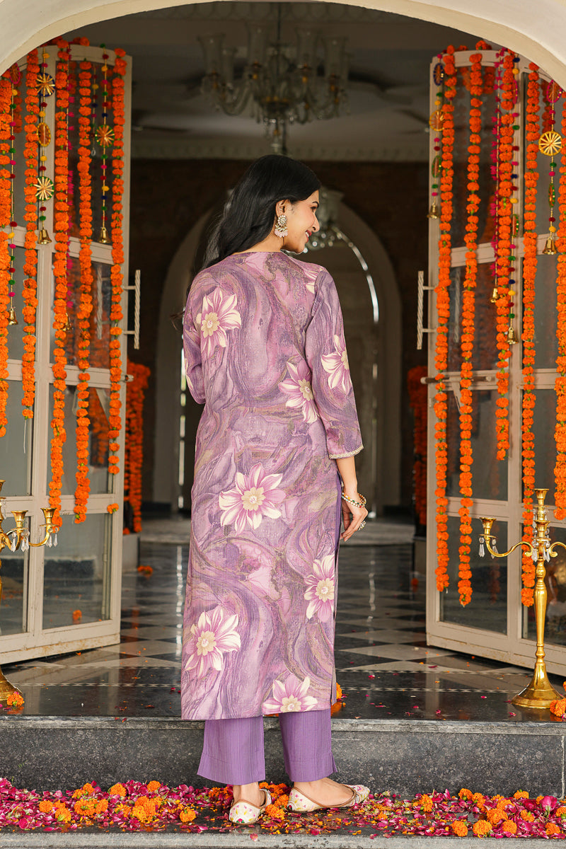 lavender viscose rayon floral embroidered straight kurta trousers with dupatta