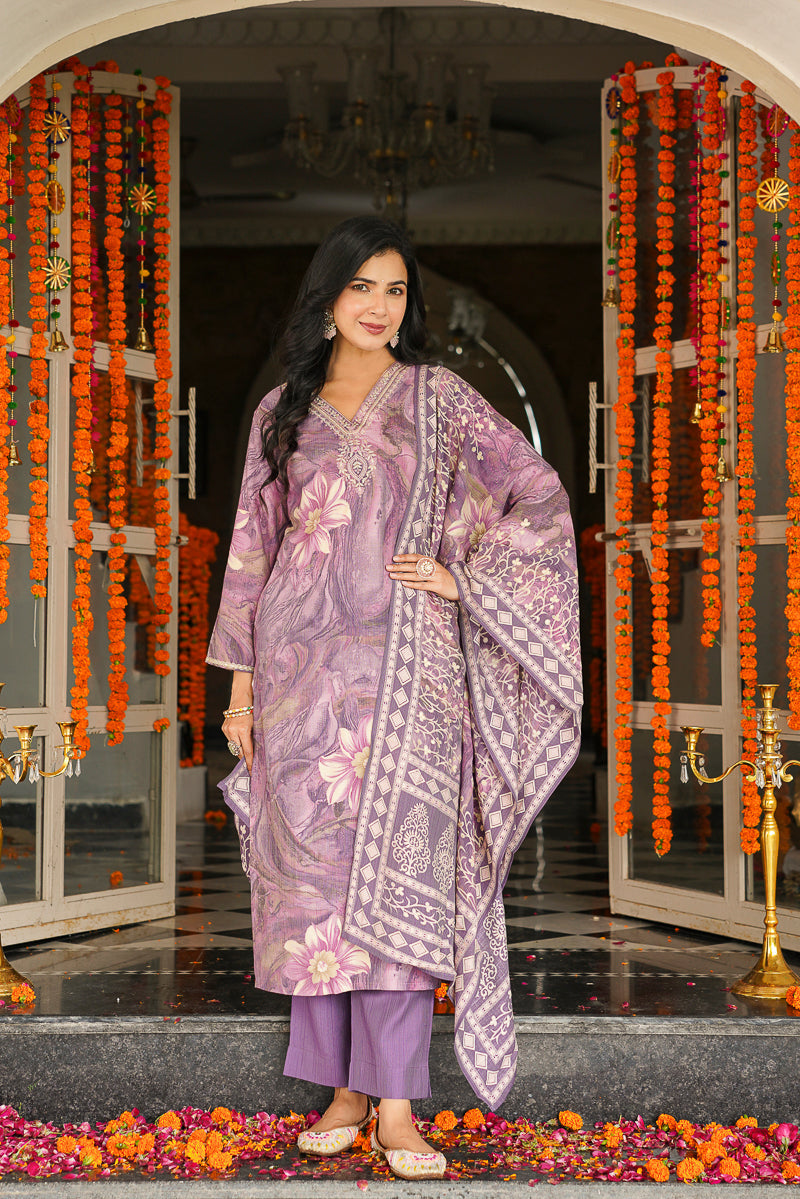 lavender viscose rayon floral embroidered straight kurta trousers with dupatta