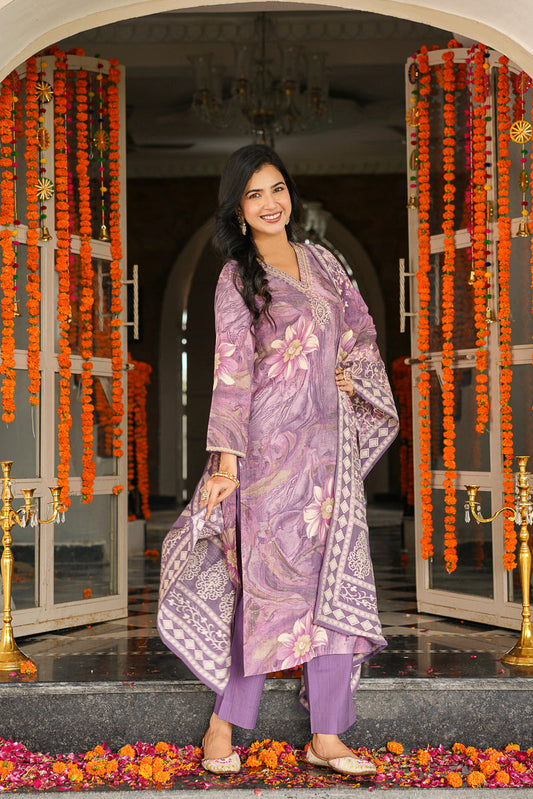 lavender viscose rayon floral embroidered straight kurta trousers with dupatta