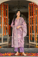 lavender viscose rayon floral embroidered straight kurta trousers with dupatta