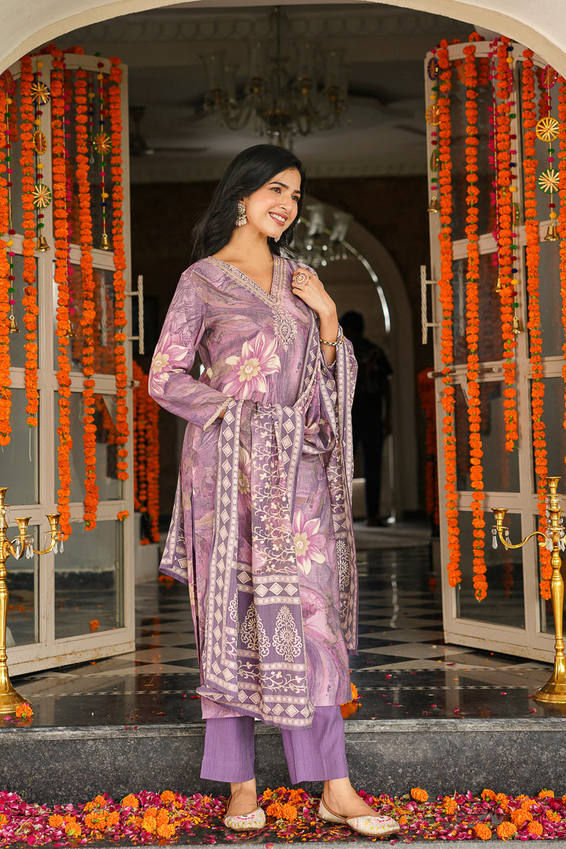 lavender viscose rayon floral embroidered straight kurta trousers with dupatta