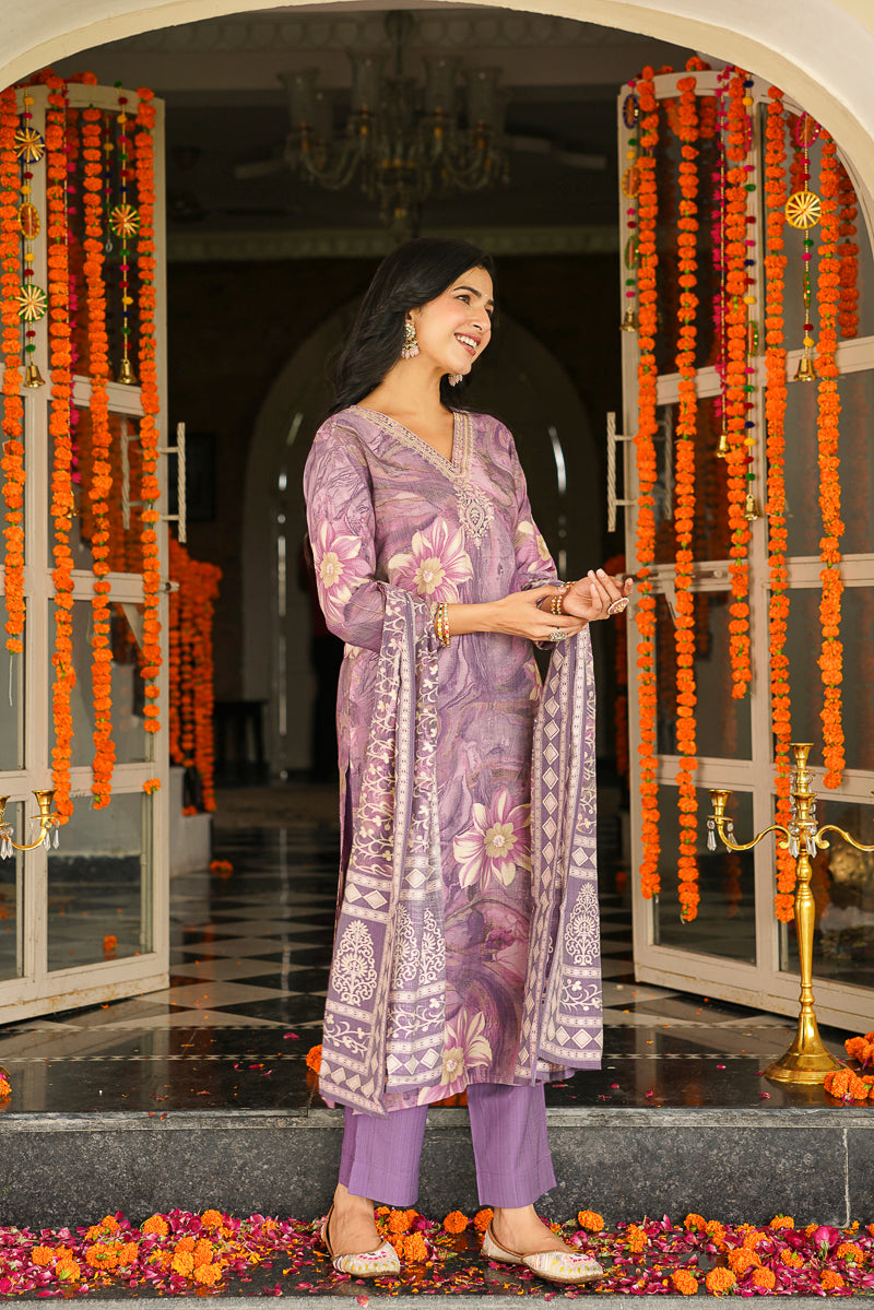 lavender viscose rayon floral embroidered straight kurta trousers with dupatta