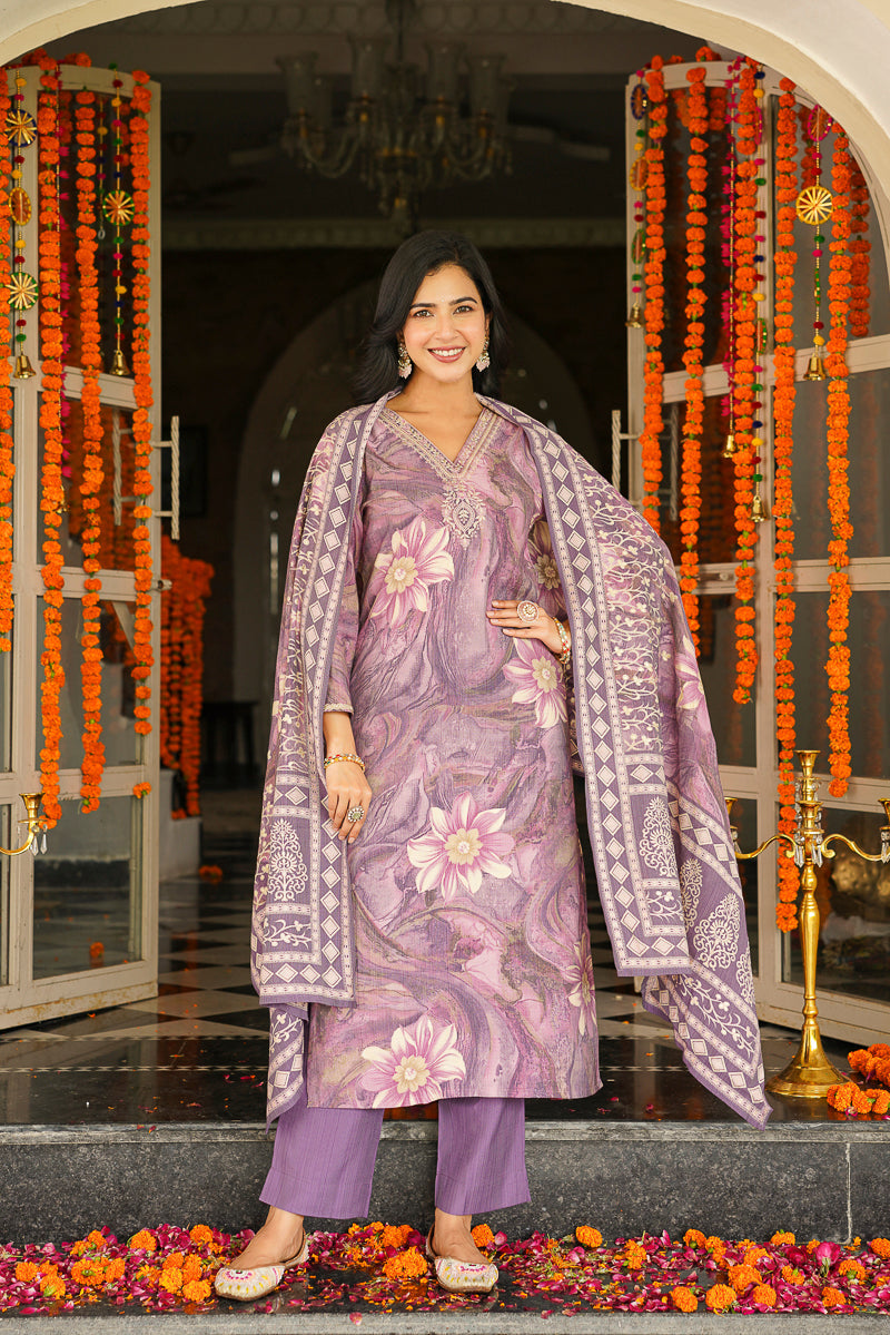 lavender viscose rayon floral embroidered straight kurta trousers with dupatta