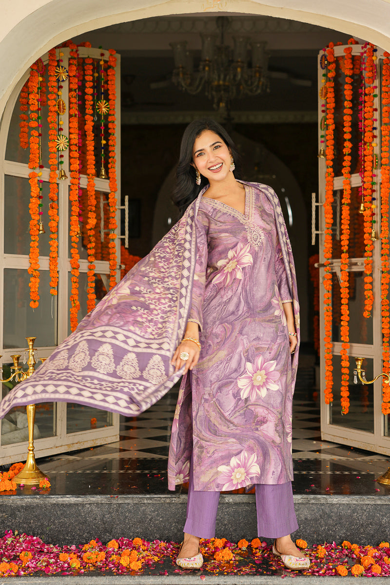 lavender viscose rayon floral embroidered straight kurta trousers with dupatta